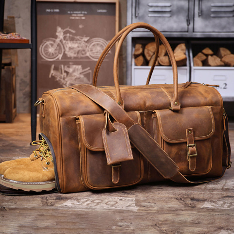 Full Grain Leather Weekender Bag Retro Travel Holdall for Men Handmade Leather Duffel Bag Large Carry-on Bag RockCow Leather Studio