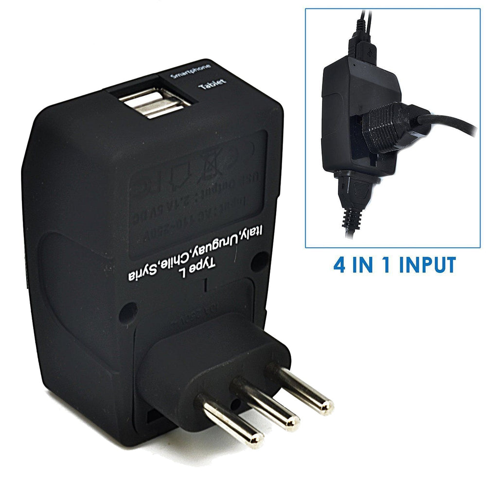 Italy Travel Adapter - Type L - 4 in 1 - 2 USB Ports (GP4-12A) Ceptics