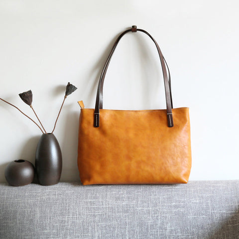 Handmade Vegetable Tanned Leather Tote Bag Leather Shopping Bag Vintage Woman Leather Shoulder Bag Large Work Tote Bag RockCow Leather Studio