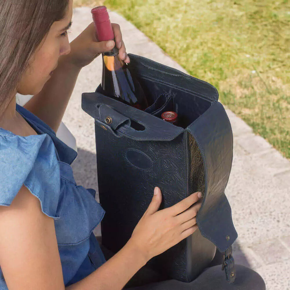 Tooled Leather Two Bottle Wine Carrier Mission Mercantile Leather Goods