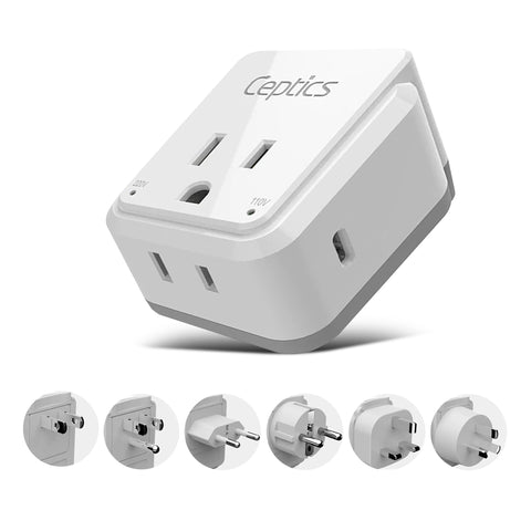 Travel Adapter Set |  Type A, B, C, E/F, G, I - USB-C Port with PD + 2 US Outlets (PAK-30-WS) Ceptics