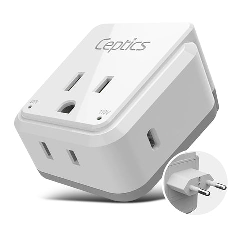 European travel Plug Adapter | Type C - USB C Port + 2 US Outlets (PAK-30W-9C) Ceptics