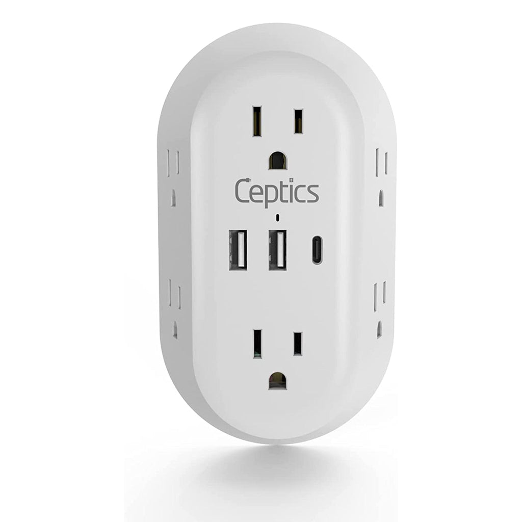 Wall Power Strip Charger by Ceptics - Small & Compact - Surge Protector 1800J - Grounded Dual USB - 6 USA Outlets Input (PS-6B-3U) Ceptics