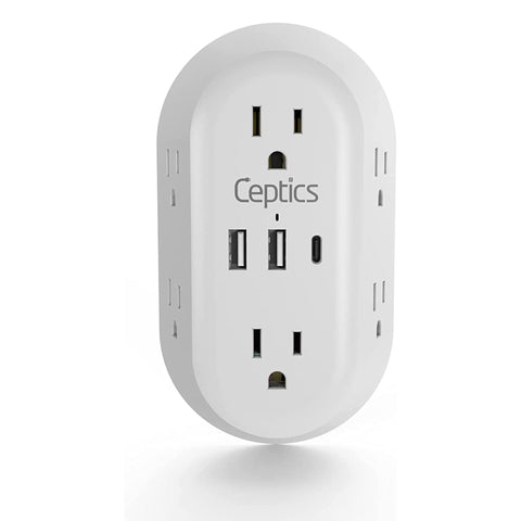 Wall Power Strip Charger by Ceptics - Small & Compact - Surge Protector 1800J - Grounded Dual USB - 6 USA Outlets Input (PS-6B-3U) Ceptics