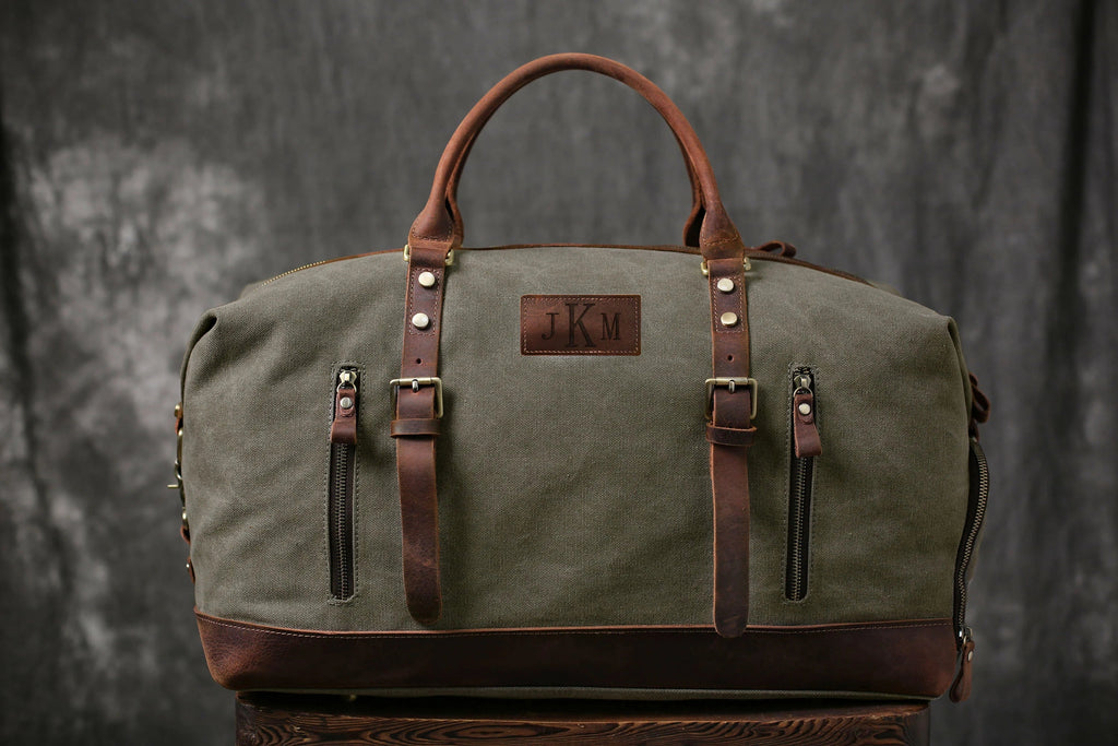 Personalized Canvas Duffel Bag, Waterproof Canvas Leather Weekend bag with Shoes Compartment for Men Women RockCow Leather Studio