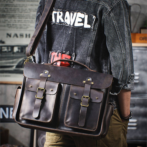 Vintage Large Leather Briefcase 14" Leather Briefcase Laptop Bag Full Grain Leather Messenger Bag Crossbody Bag For Men RockCow Leather Studio