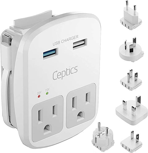 World-Way 6 Travel Adapter Kit | 2 USB + 2 US Outlets - Grounded (WPS-2B) Ceptics