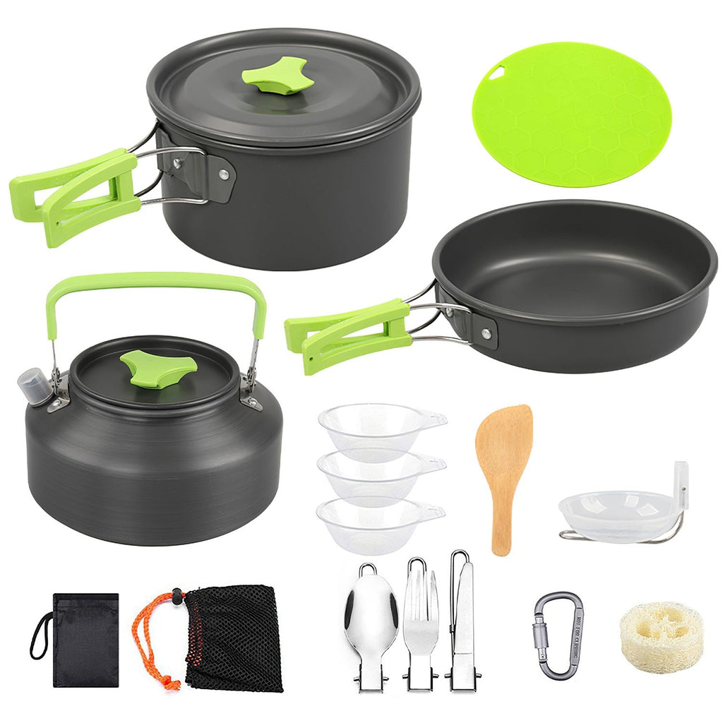 16Pcs Camping Cooking Ware Set Camping Stove Cookware Kit Aluminum Pot Pan Kettle Set with Bowls Knife Fork Spoon Carabiner Spatula Cutting Board for Hiking Picnic Outdoor Mercantile Mountain