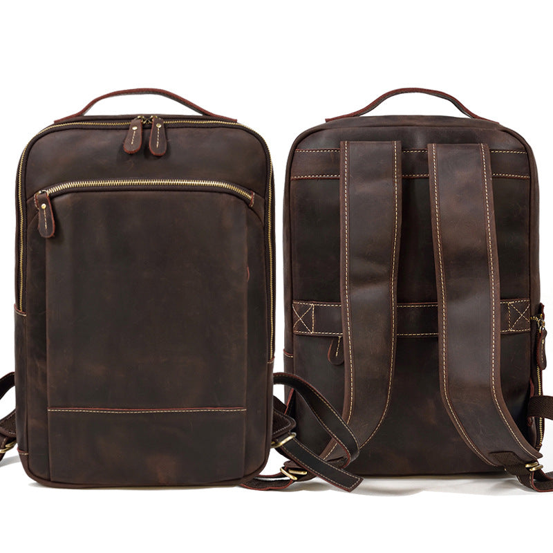 Double Zipper Main Bag Genuine Leather Large Capacity Crazy Horse Leather Outdoor Travel Leisure Backpack Social Buzz eSIMs