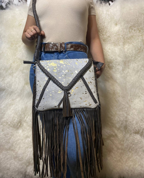 Fringe Cowhide Crossbody Acid Wash Gold Leather Rope Strap Cowhide and Conchos
