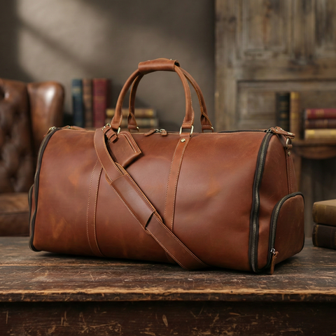 Men's Convertible Full Grain Leather Garment Bag, Carry-On Weekender with Shoe Compartment RockCow Leather Studio