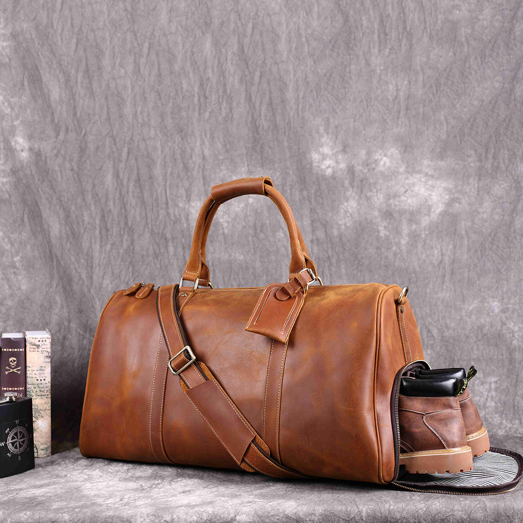 Vintage Crazy Horse Leather Duffle, Weekender with Shoe Compartment RockCow Leather Studio