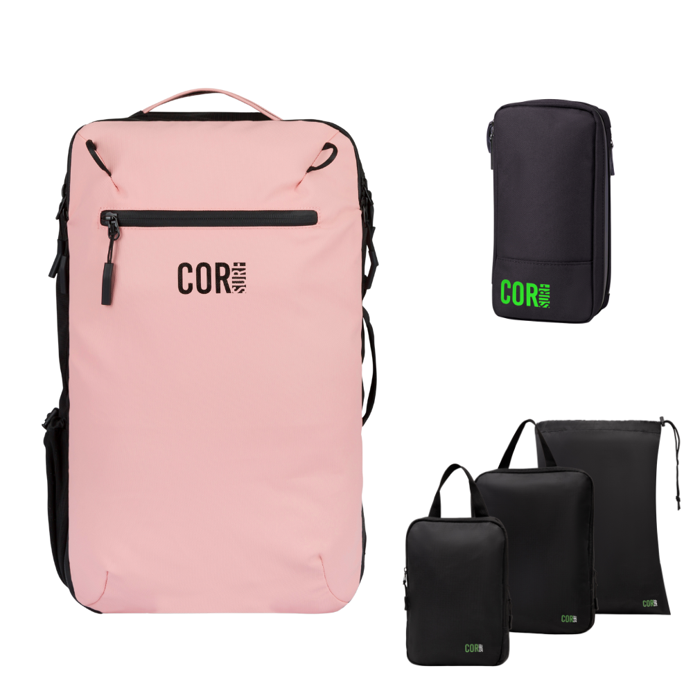 Island Hopper Travel Bundle - Backpack + Toiletry Bag + Compression Packing Cubes with YKK COR Surf