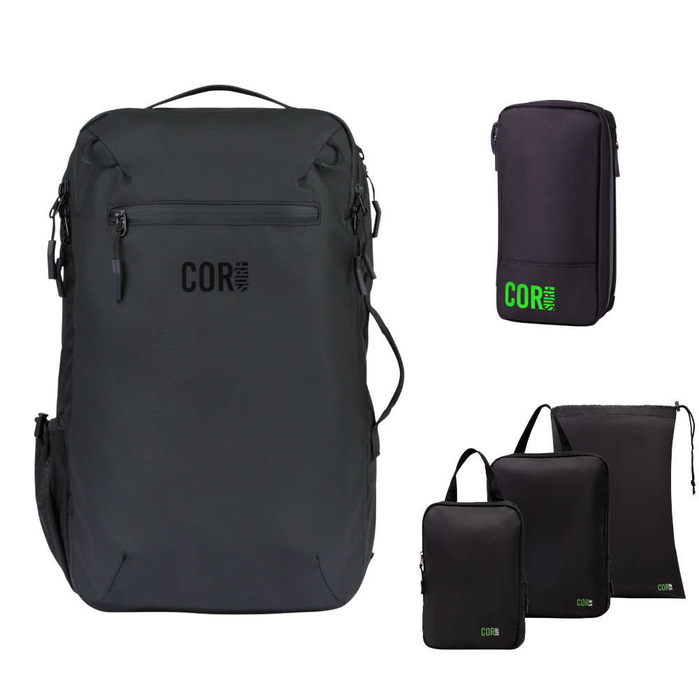 Island Hopper Travel Bundle - Backpack + Toiletry Bag + Compression Packing Cubes with YKK COR Surf
