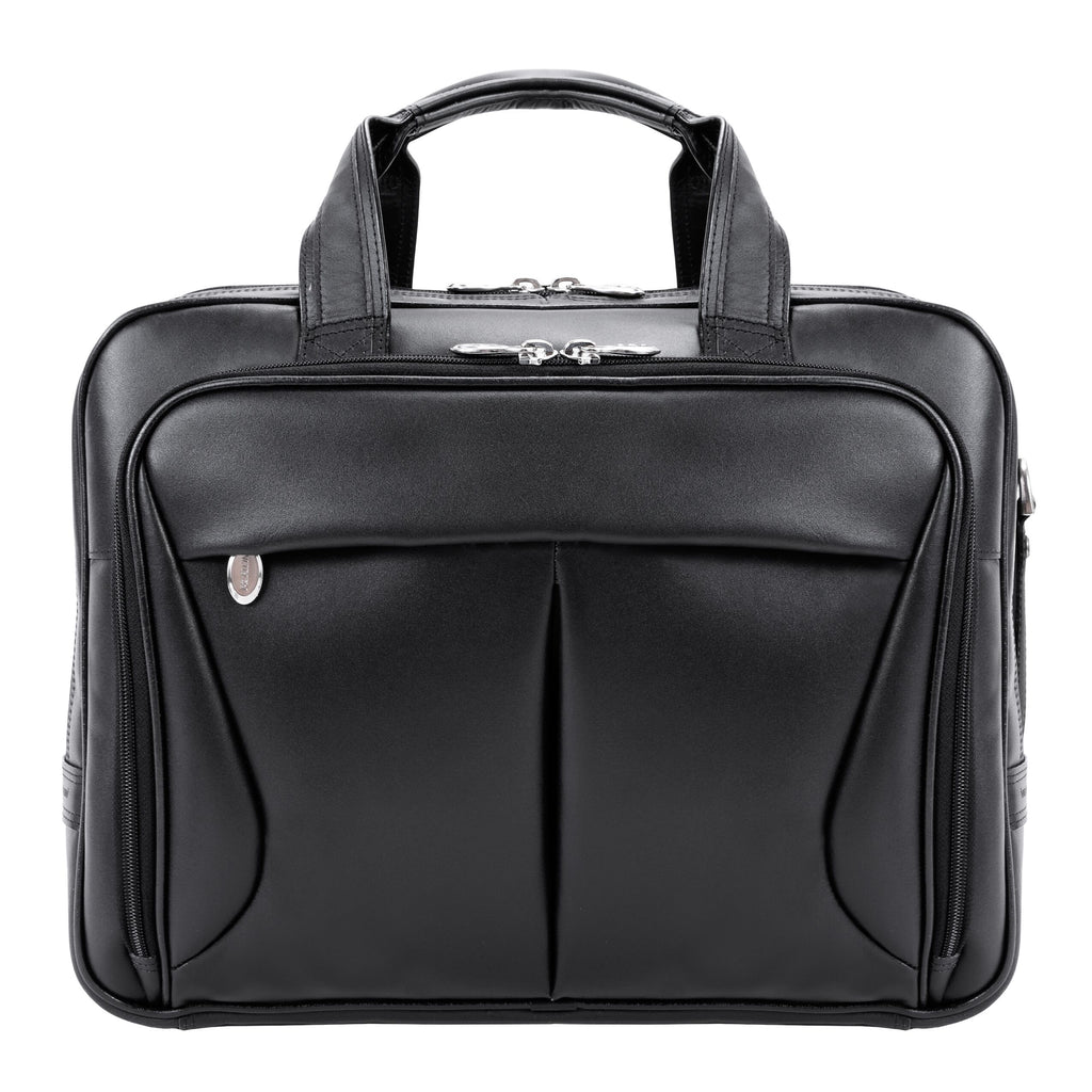 McKlein USA Pearson Leather Expandable Double Compartment Briefcase Black - LuggageDesigners